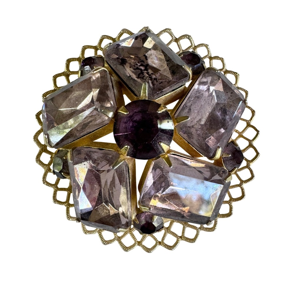 Vintage‎ Amethyst Purple Rhinestone Gold Filigree Brooch, Round Shape, 1960s